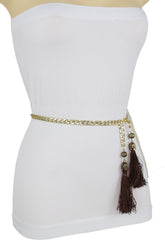 Gold Metal Chain Skinny Belt with Beaded Tassels